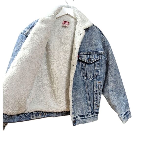 Vintage 1980's LEVI'S USA Mens Small Acid Wash Blue Denim Trucker Sherpa Jacket - Picture 3 of 8